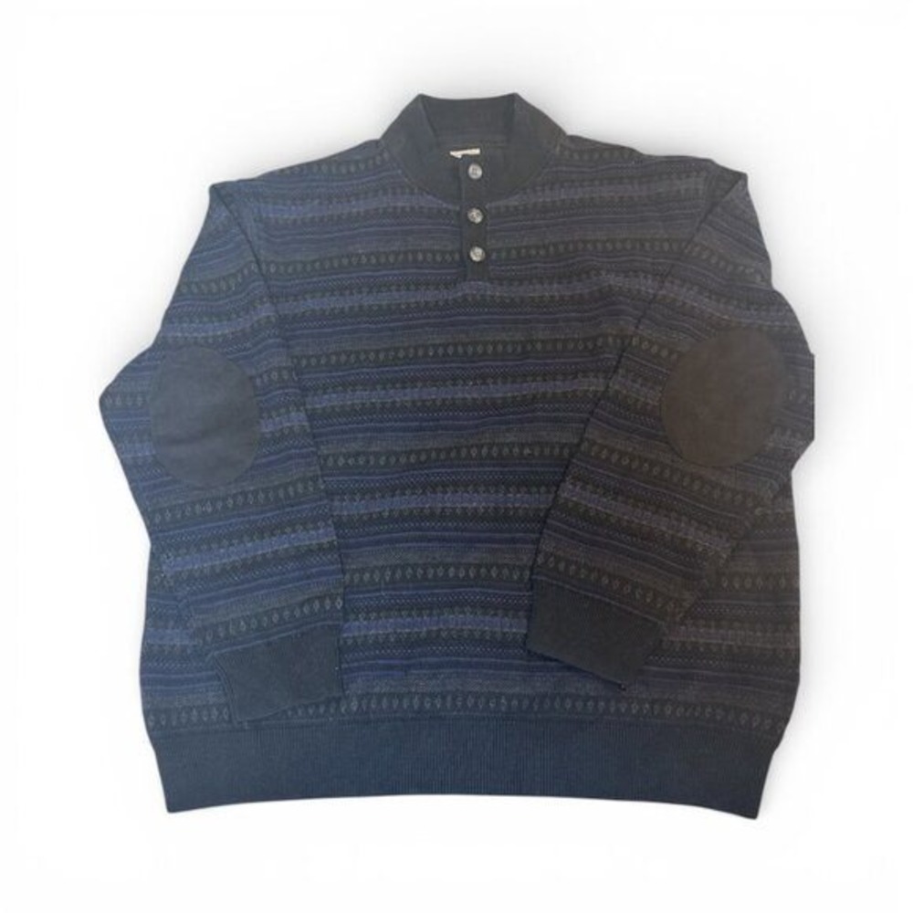 Joseph Abboud Mens 2X Blue Black Patterned Silk Cashmere Sweater Elbow Patch